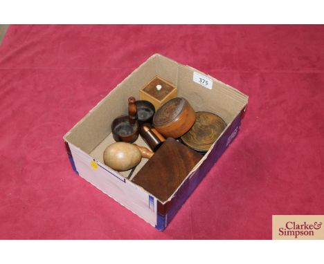 A box of antique treen including visiting card case, "Studs" box, papier maché snuff box with printed scene to top, double sa