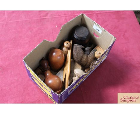 A collection of antique miniature treen, to include a boxwood spice flask, salt cellar, plumbers pipe wedge, pomanders etc. 