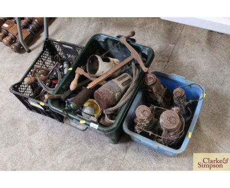 Three boxes of miscellaneous tools, lamps for restoration etc. 