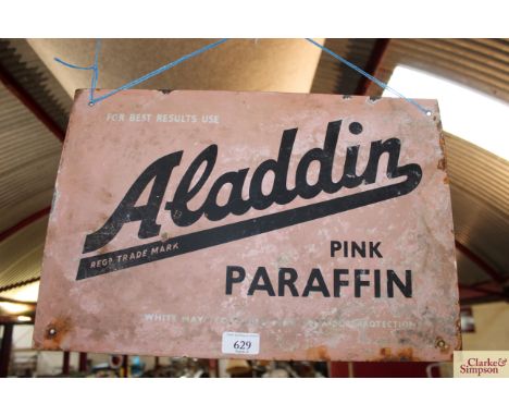 An enamel advertising sign for "Aladdin Pink Paraffin", 12" x 17"