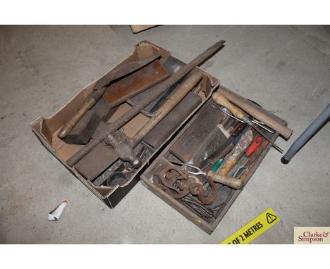 Two trays and contents of hand tools including hammer, shovels, crow bar, spanners etc.