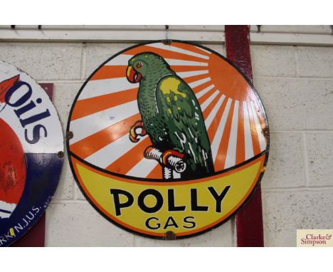 A circular enamel advertising sign for "Polly Gas", 30" dia.