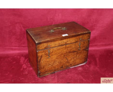 A mahogany scale box with folding front and brass handle, the interior to reveal a cut out of postal information circa. 1911