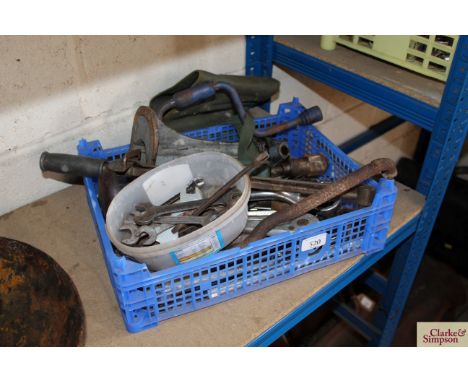 An old pillar jack; a vintage starting handle for fly wheel; antique adjustable spanner; various other spanners etc.