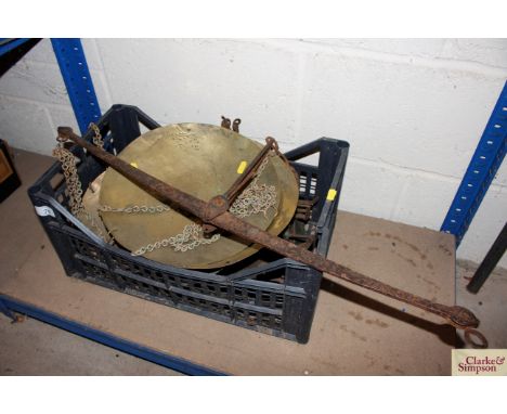 A collection of vintage brass hanging scales and other scales etc.