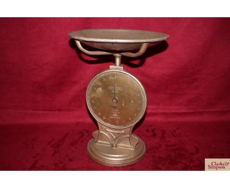 A large set of Salter spring balance scales No.50T to weigh 20lbs by 1oz increments, with brass dial, inspectors stamp, and m