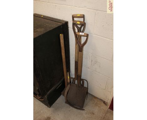 A collection of wooden handled gardening tools, including shovel, sickle etc.