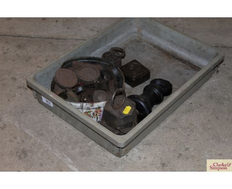 A quantity of miscellaneous metric platform scale weights, bell weight, ring weights etc.&nbsp;