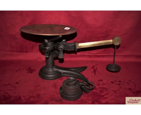 A set of W T Avery counter scales circa. 1848, complete with some weights and copper pan