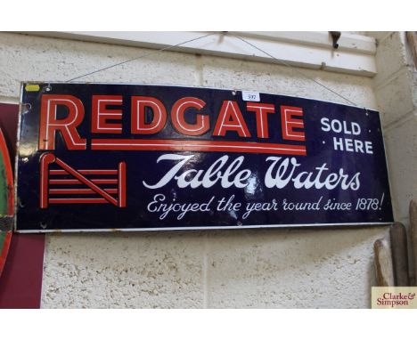 An enamel advertising sign for "Redgate Table Waters", 11" x 32"