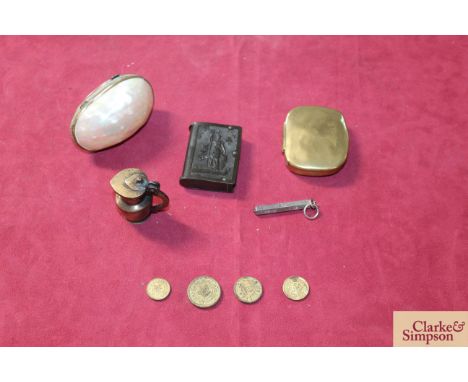 A quantity of miscellaneous antique items including a mother of pearl box, an 18th Century miniature brass flagon, "Mordan" s