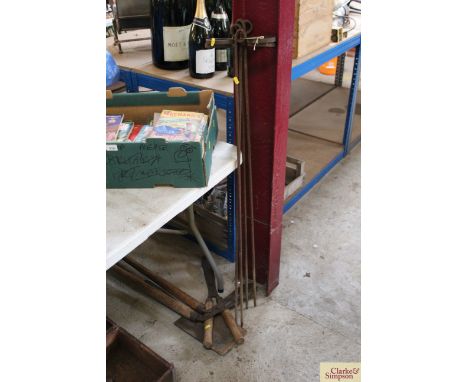 A quantity of various tools, iron plant hoop, stakes etc.