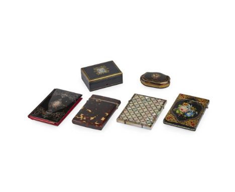 Y GROUP OF VICTORIAN CARD CASES AND BOXES 19TH CENTURY to include a tortoiseshell card case outlined in silver pique, 10cm lo