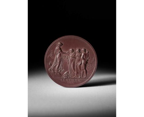 ◆ FINE AND RARE CERAMIC 'SYDNEY COVE MEDALLION' BY JOSIAH WEDGWOOD THE ORIGINAL ISSUE, 1789 modelled from dark brown unglazed