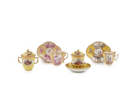 GROUP OF MEISSEN YELLOW GROUND CUPS AND SAUCERS 19TH CENTURY comprising a quatrefoil cup and saucer painted in puce with flow