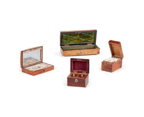 Y GROUP OF FOUR SMALL BOXES 19TH CENTURY to include an olive wood jewellery box with green velvet interior and ivory ball fee