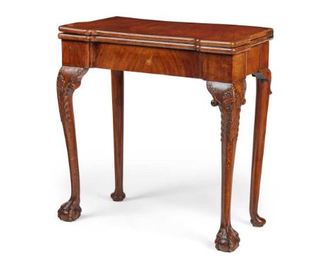 GEORGIAN STYLE WALNUT CARD TABLE LATE 19TH CENTURY the fold-over top with outset square corners opening with a concertina act