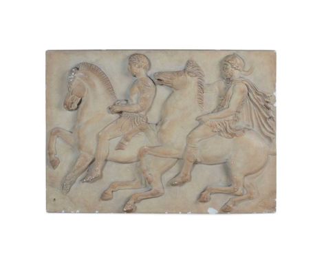 PLASTER CAST PANEL OF THE WEST PARTHENON FRIEZE, BLOCK IV 20TH CENTURY depicting two equestrian riders in shallow reliefDimen