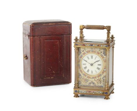 FRENCH BRASS AND CLOISONNÉ CARRIAGE CLOCK LATE 19TH CENTURY the cream enamel dial with Arabic numbers in a cloisonne enamel m