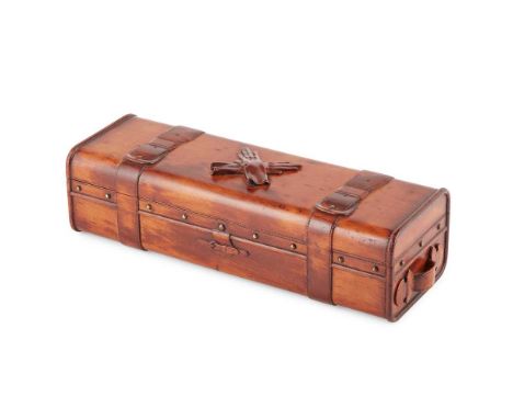 FRENCH CARVED FRUITWOOD GLOVE BOX LATE 19TH / EARLY 20TH CENTURY modelled as a miniature steam trunk with raised strapwork, h