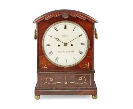 REGENCY MAHOGANY AND BRASS INLAID BRACKET CLOCK, DAVID RAY, BURY ST EDMUNDS EARLY 19TH CENTURY a 8-inch cream enamel Roman nu