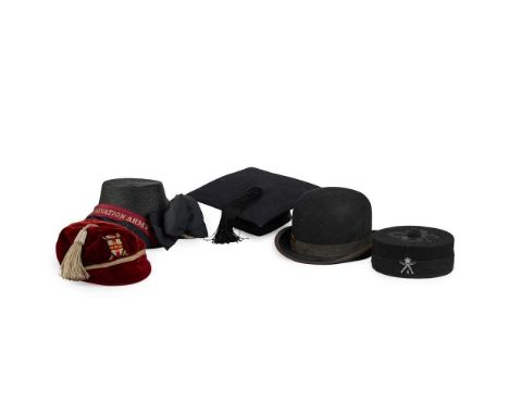 COLLECTION OF HATS 20TH CENTURY to include a beaver fur top hat, a bowler, a lady's Salvation Army bonnet, a mortar board wit
