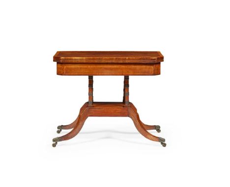 REGENCY MAHOGANY AND SATINWOOD CARD TABLE the crossbanded fold-over top with canted corners above a satinwood banded frieze, 