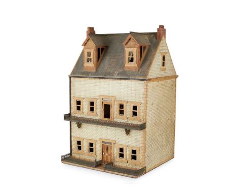 VICTORIAN PAINTED WOOD DOLL'S HOUSE LATE 19TH CENTURY modelled as a two-storey ashlar stone gabled house with attic floor, wo