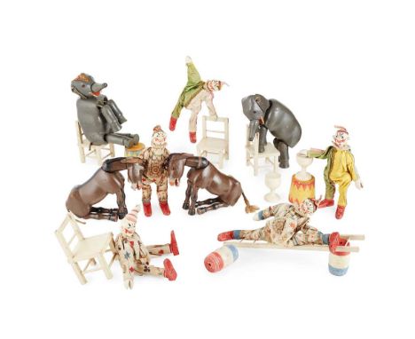 GROUP OF SCHOENHUT 'HUMPTY DUMPTY CIRCUS' TOY FIGURES EARLY 20TH CENTURY painted wood, the figures articulated with string, t