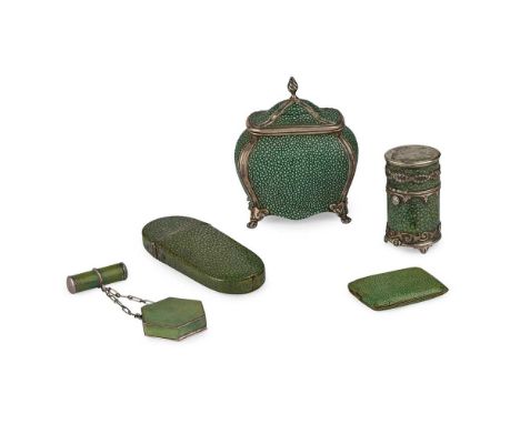 COLLECTION OF SHAGREEN TABLE ARTICLES 19TH/ EARLY 20TH CENTURY to include a silver-plate mounted bombé tea caddy, marked N&am