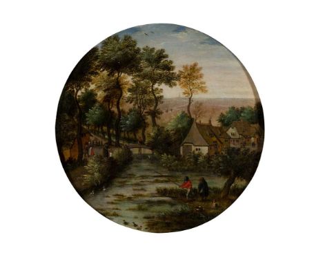 STUDIO OF PIETER BRUEGHEL THE YOUNGER FISHING IN THE MARSHES Bears signature, oil on panel, circularDimensions:25cm (9.75in) 