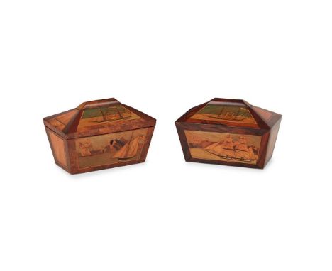 MATCHED PAIR OF TRINITY HOUSE MARQUETRY BOXES 19TH CENTURY of sarcophagus form, one a rosewood money box, the other a walnut 