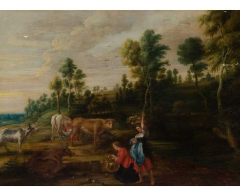 17TH CENTURY FLEMISH SCHOOL A WOODED LANDSCAPE WITH FIGURES AND ANIMALS Oil on cradled panelDimensions:51cm x 69cm (20in x 27
