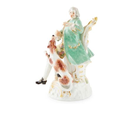 MEISSEN FIGURE OF AUGUSTUS THE STRONG WITH HIS HUNTING DOG EARLY 20TH CENTURY modelled seated wearing a green jacket, his hou