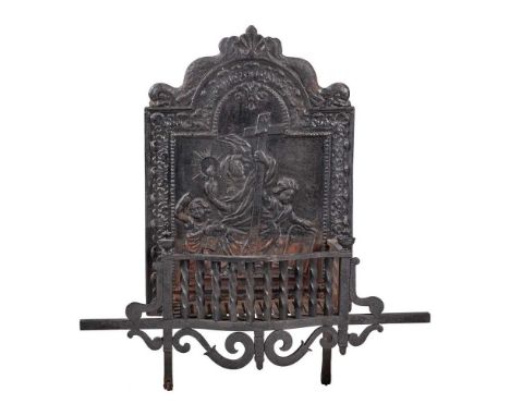 DUTCH CAST-IRON FIREBACK AND GRATE 19TH CENTURY the arched panel cast with dolphins a Saint and two children within a leaf ti