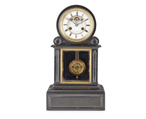 FRENCH BLACK SLATE MANTEL CLOCK, RETAILED BY JAMES MUIRHEAD, PARIS MID 19TH CENTURY the white enamel Roman numeral dial with 