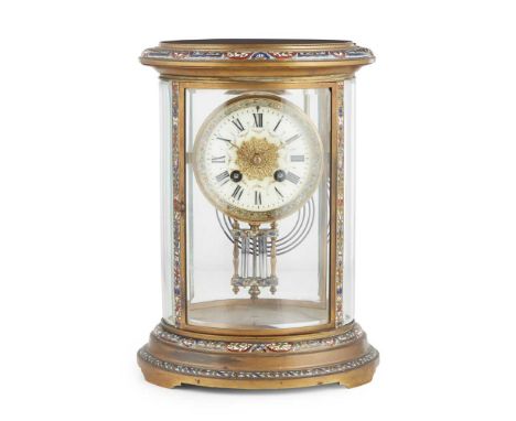 FRENCH OVAL FOUR-GLASS BRASS AND CHAMPLEVÉ ENAMEL MANTEL CLOCK, JAPY FRÈRES, PARIS LATE 19TH CENTURY the circular cream ename