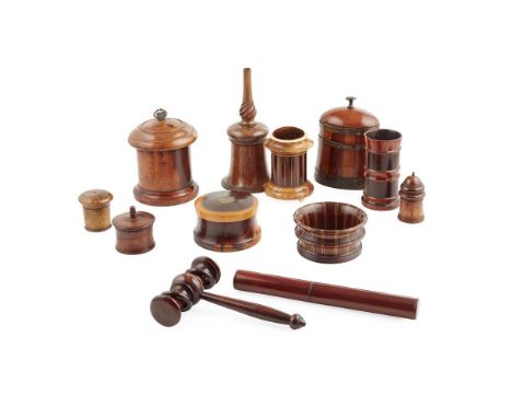 Y GROUP OF SCOTTISH AND OTHER TREEN ITEMS 19TH/ 20TH CENTURY to include a staved salt box and cover, a large lignum string co