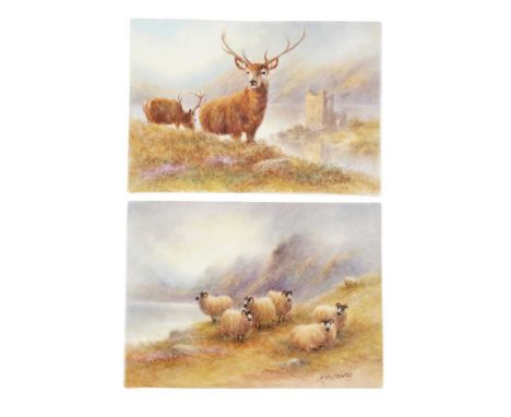 TWO ENGLISH PORCELAIN PLAQUES BY MILYWN HOLLOWAY LATE 20TH CENTURY unframed, of rectangular form, one painted with two stags 