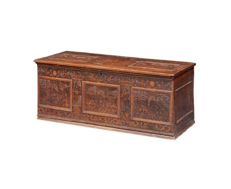 NORTH ITALIAN ALTO ADIGE CYPRESS AND CEDAR WOOD PEN AND POKER-WORK CASSONE EARLY 17TH CENTURY the hinged top with two moulded
