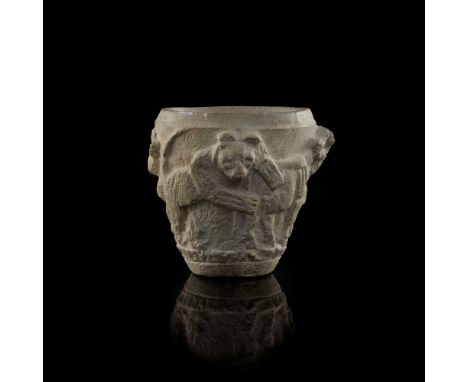 SUMERIAN RITUAL VASE JEMDET NASR PERIOD, 3100 - 2900 B.C. carved limestone, standing on a flat base, gently flaring body carv