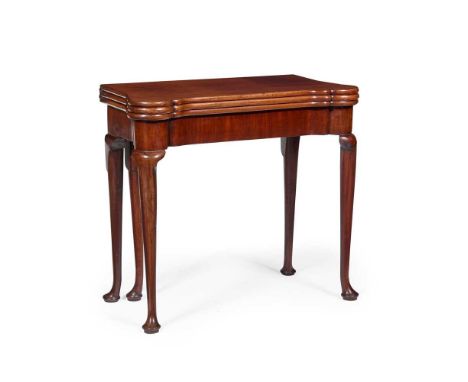 GEORGE II MAHOGANY TRIPLE FOLD TEA/ CARD TABLE 18TH CENTURY the fold-over top with rounded fore corners, opening to a plain s