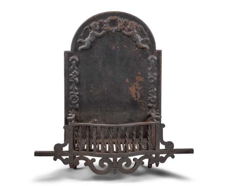 LARGE CAST IRON FIREBACK AND GRATE 19TH CENTURY the arched back cast with a pair of putti and a laurel wreath with flower tra