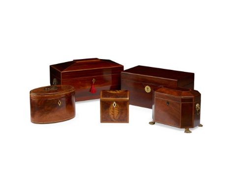 Y FIVE GEORGIAN TEA CADDIES 18TH/ EARLY 19TH CENTURY to include a large sarcophagus shaped mahogany caddy with lion mask hand