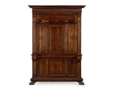 VICTORIAN WALNUT HALL STAND 19TH CENTURY in the 17th century style, the egg and dart moulded cornice above a panel back with 