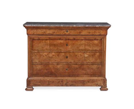 FRENCH CHARLES X SLATE TOP WALNUT COMMODE 19TH CENTURY the fossilised grey slate top with rounded fore corners and a reeded e