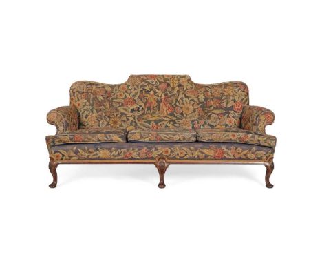 GEORGIAN STYLE WALNUT FRAMED NEEDLEWORK SOFA LATE 19TH CENTURY the low back with a scrolled and shaped top rail above a three