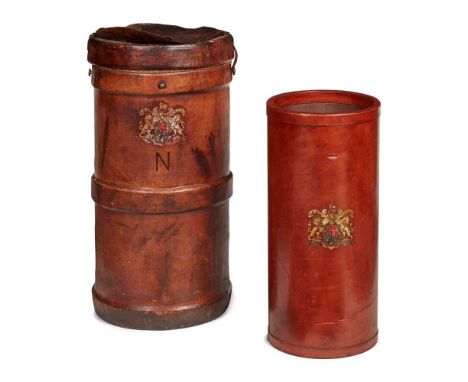 TWO LARGE LEATHER SHELL CASES EARLY 20TH CENTURY the larger with a Royal Coat of Arms over an embossed N, the cover embossed 