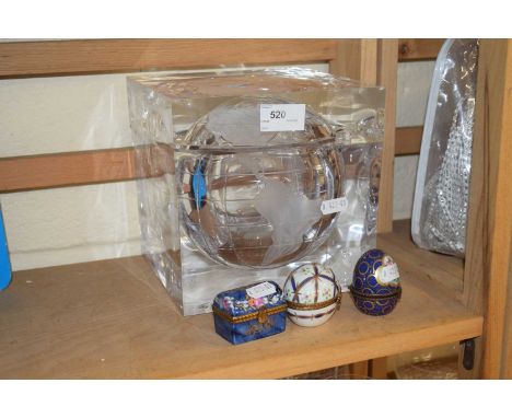 Novelty perspex globe ice bucket and three Limoges trinket boxes