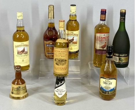 NINE BOTTLES OF WHISKY & COGNAC, comprising Glenmorangie 10 year old Single Highland Malt, 75cl in original box, 3 bottles of
